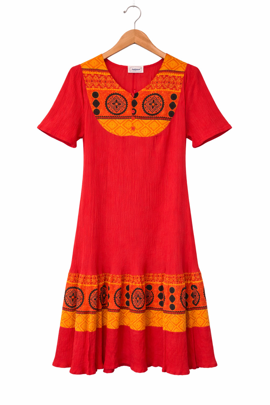 National Dress Womens Size Medium Red Orange Midi Crinkle 100% Cotton Bohemian